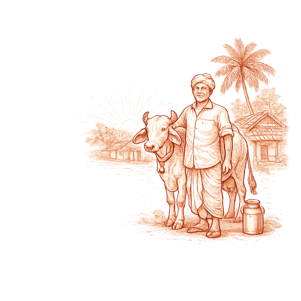 An illustration of a Vijaya farmer, cow and village home