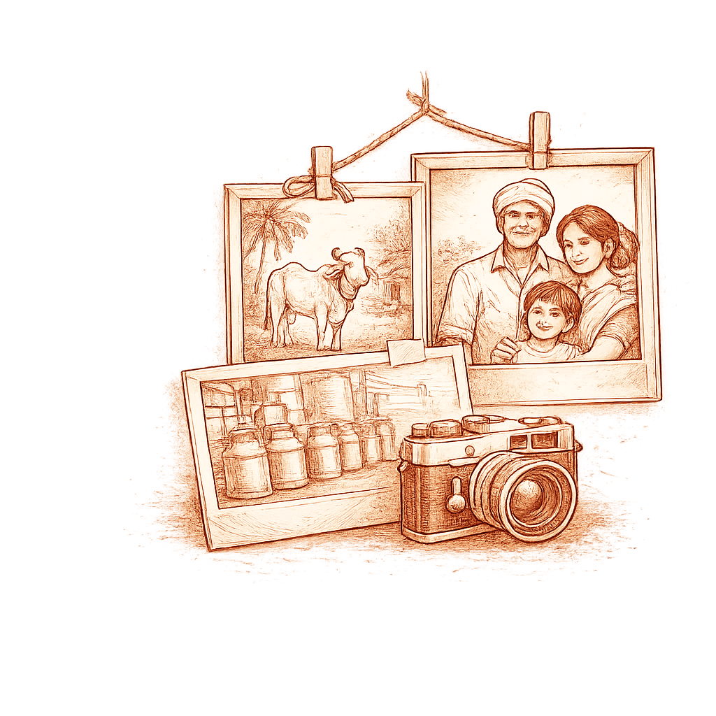 An illustration of farm, factory and family moments