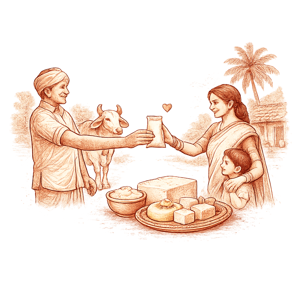 An illustration of a farmer handing fresh milk to a family