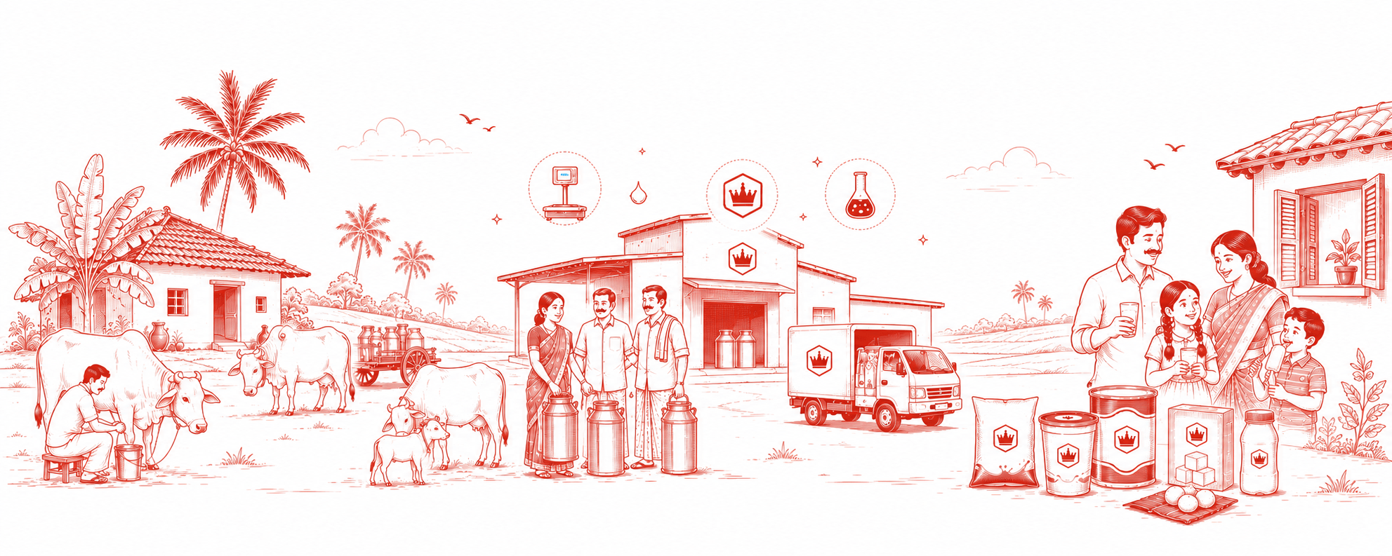 A panoramic illustration of Vijaya farmers, cows, products and families
