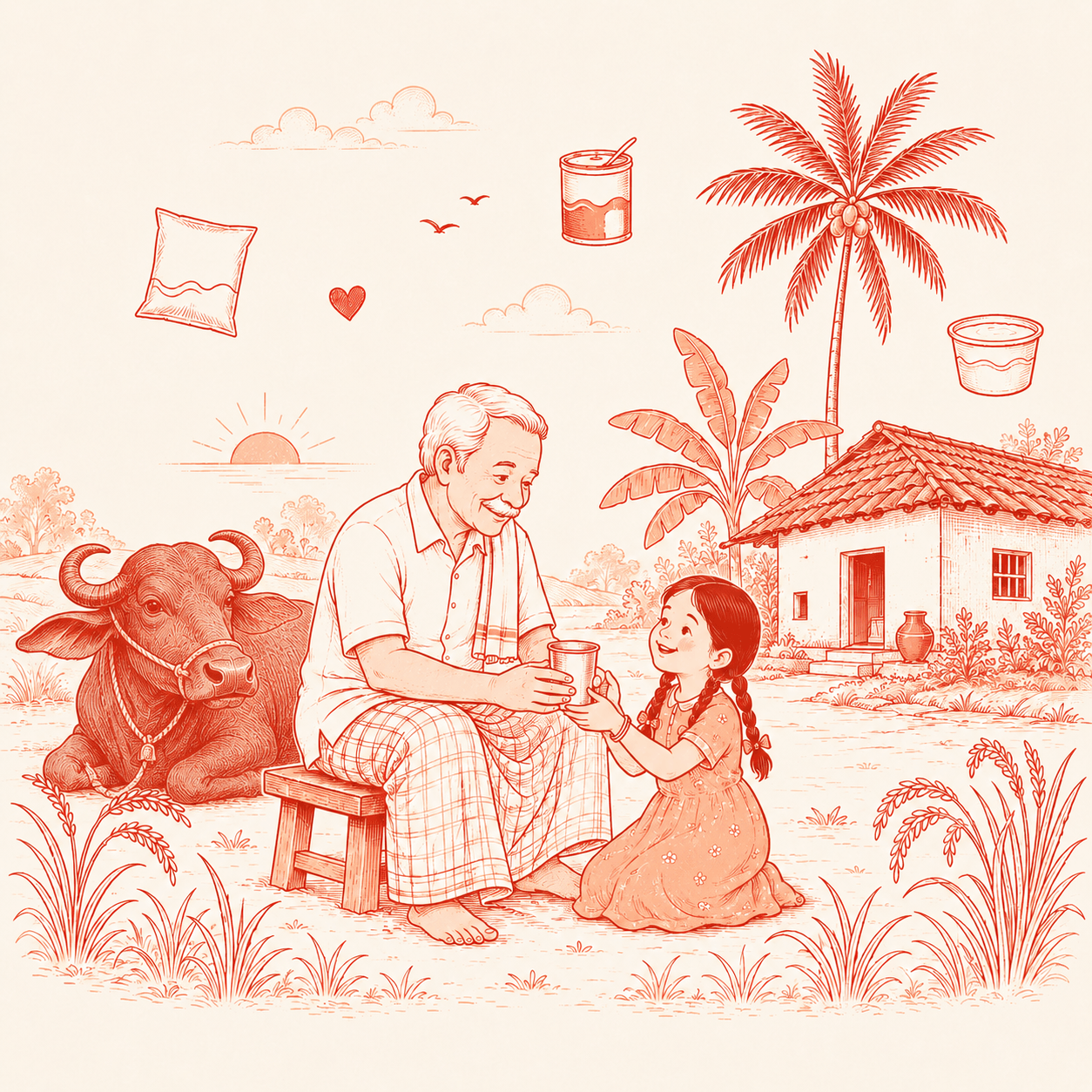 A simple illustrated scene of a Vijaya farmer and a young child sharing a glass of milk