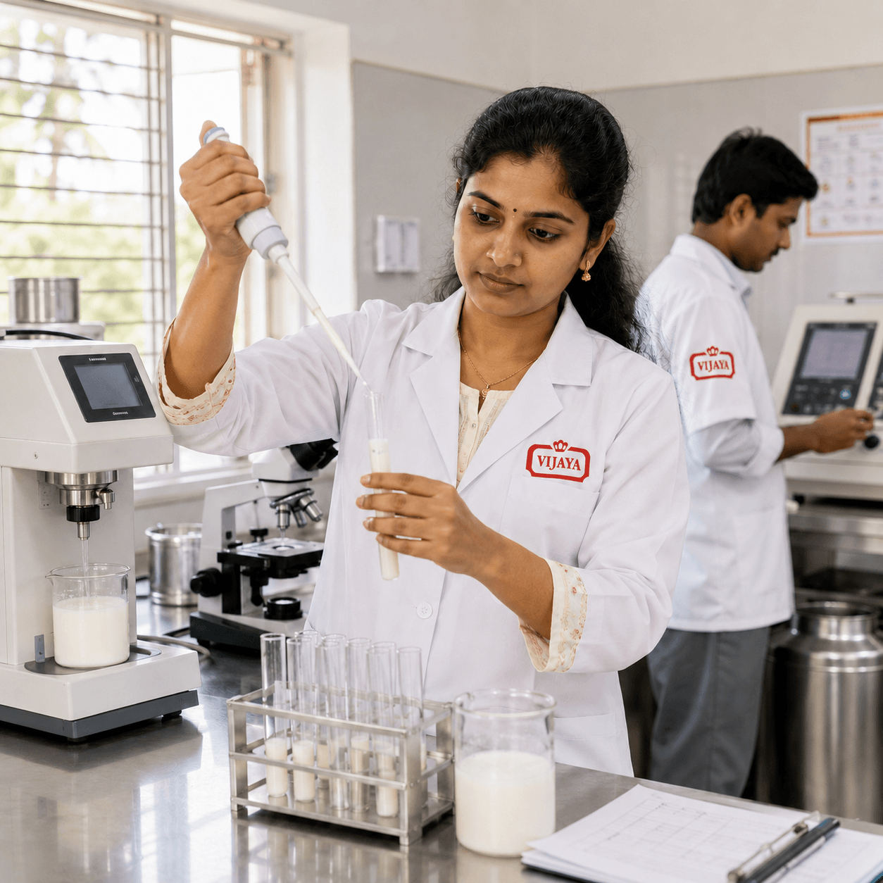 A Vijaya lab technician testing a milk sample for purity