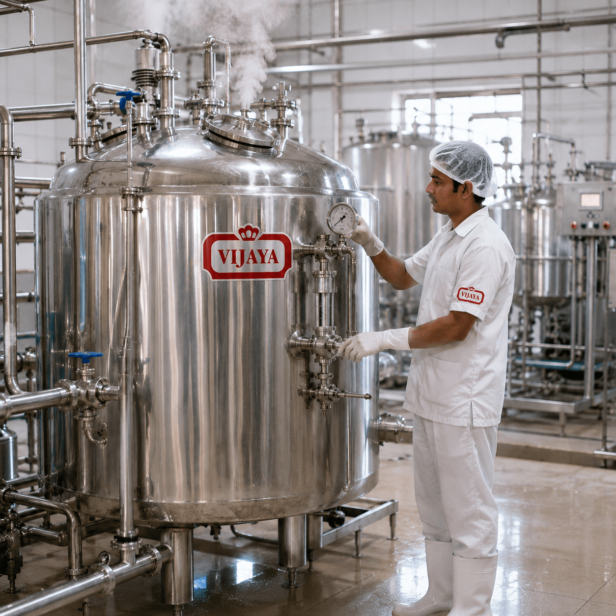 Stainless steel pasteurisation tanks inside the Vijaya dairy plant