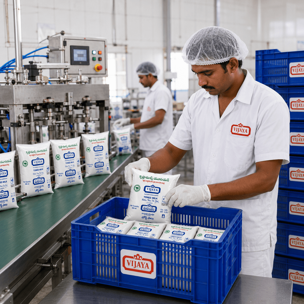 Vijaya milk pouches being sealed on an automated packaging line